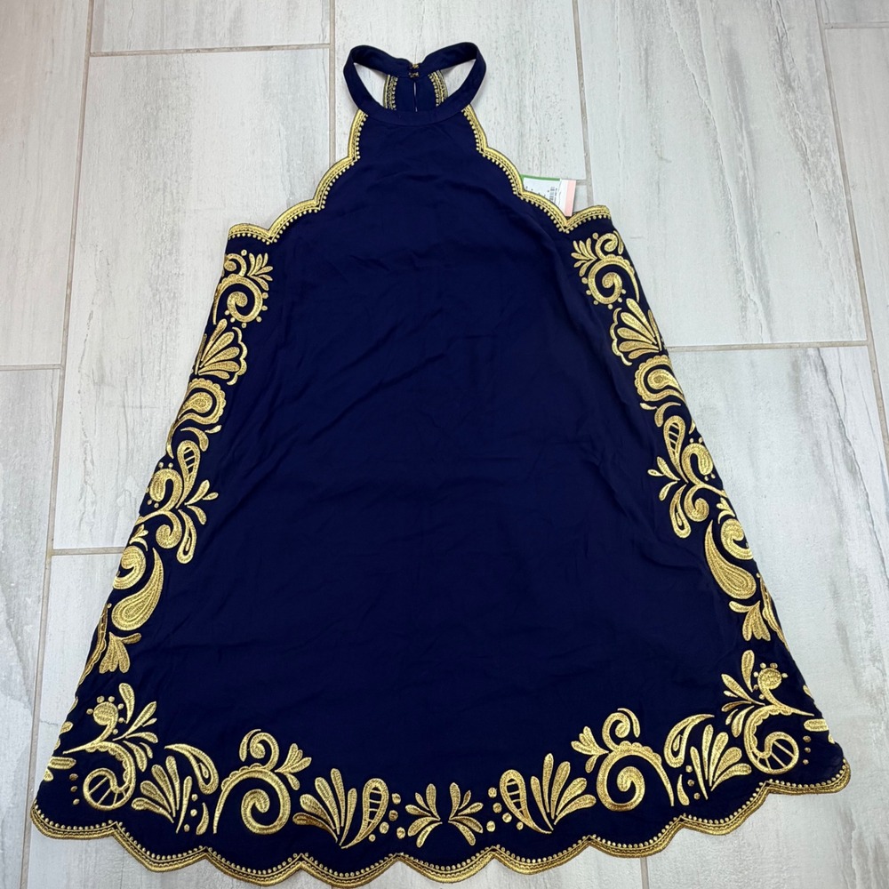 Lilly Pulitzer Quinn Gypset Swirl Dress Navy Gold Embroidery Halter Size M NEW